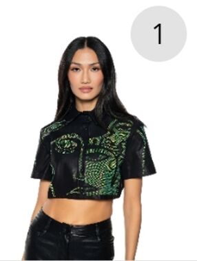 Black Cropped Button-Up Top with Green Metallic Embroidery